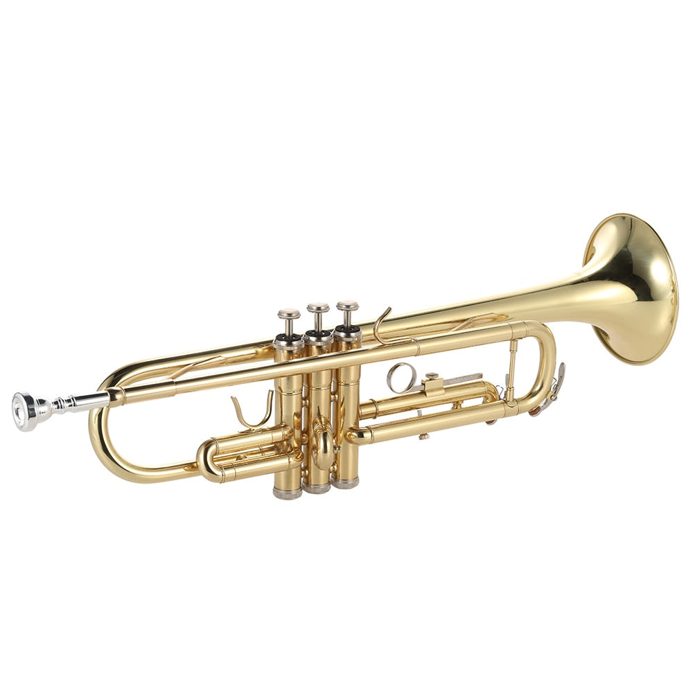 Trumpet, Platt mässing, Guld Målad Musikinstrument, Inkluderar Munstycke - Handskar - Rem - Väska