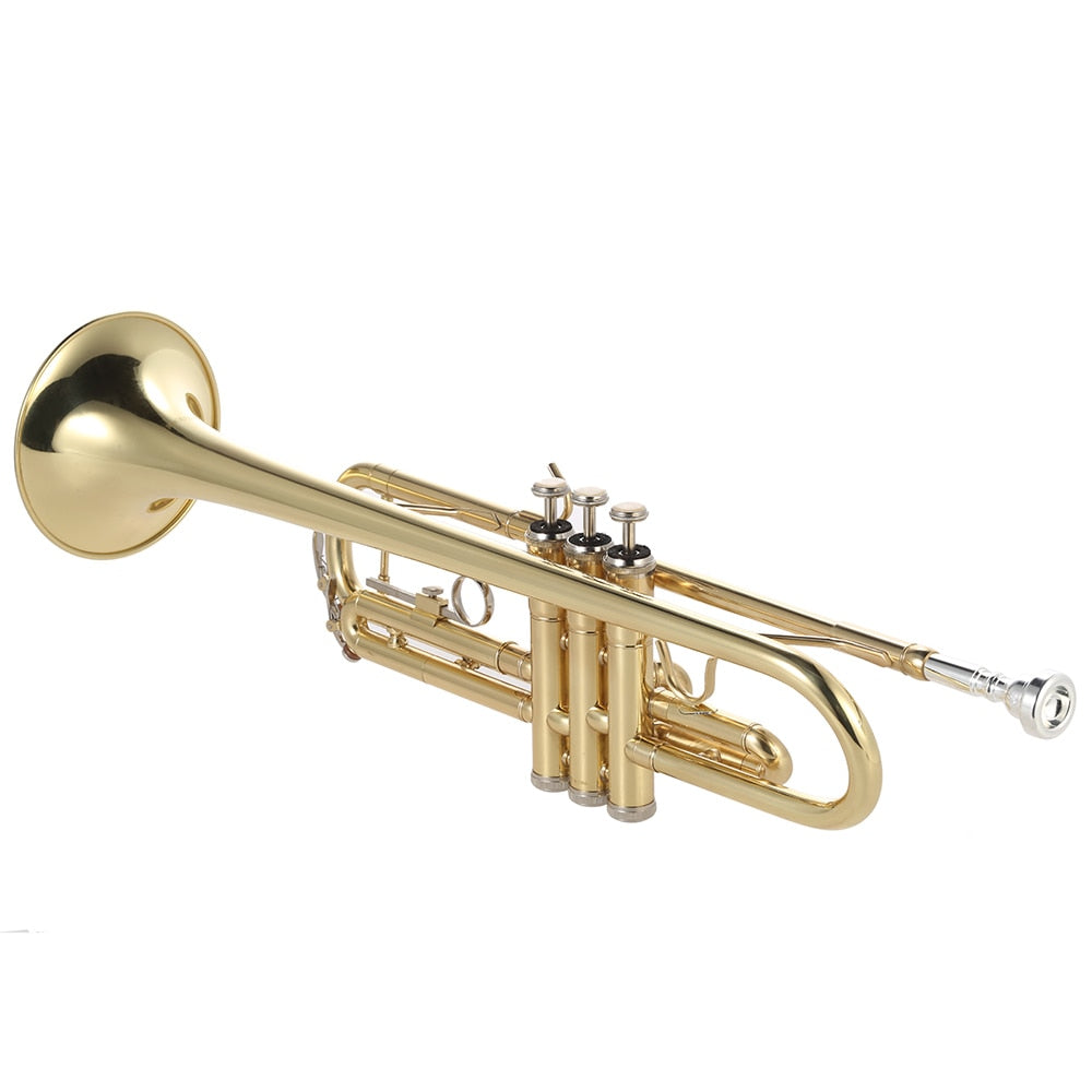 Trompetă, din alamă plată, instrument muzical vopsit în aur, include gură de suflat - mănuși - curea - husă