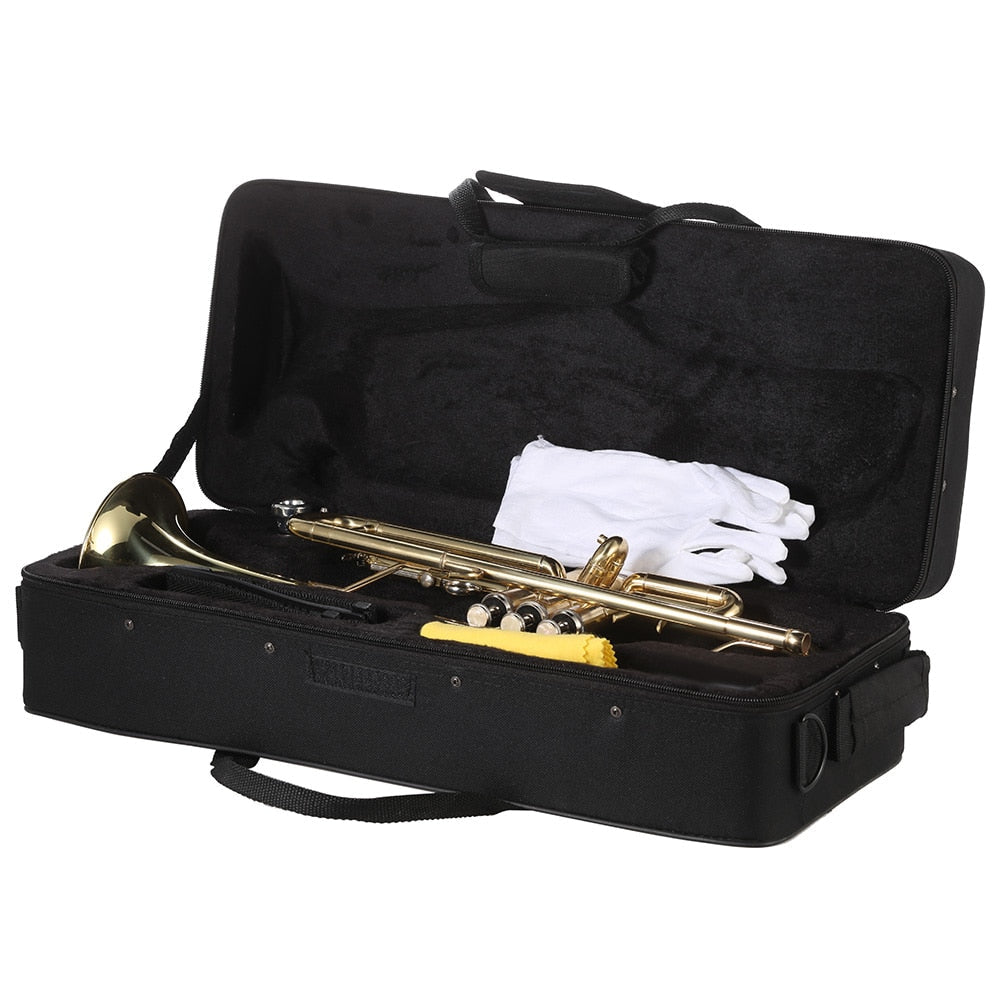 Trumpet, Flat Brass, Gold Painted Musical Instrument, Includes Mouthpiece - Gloves - Strap - Case