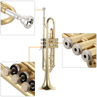 Trompetă, din alamă plată, instrument muzical vopsit în aur, include gură de suflat - mănuși - curea - husă