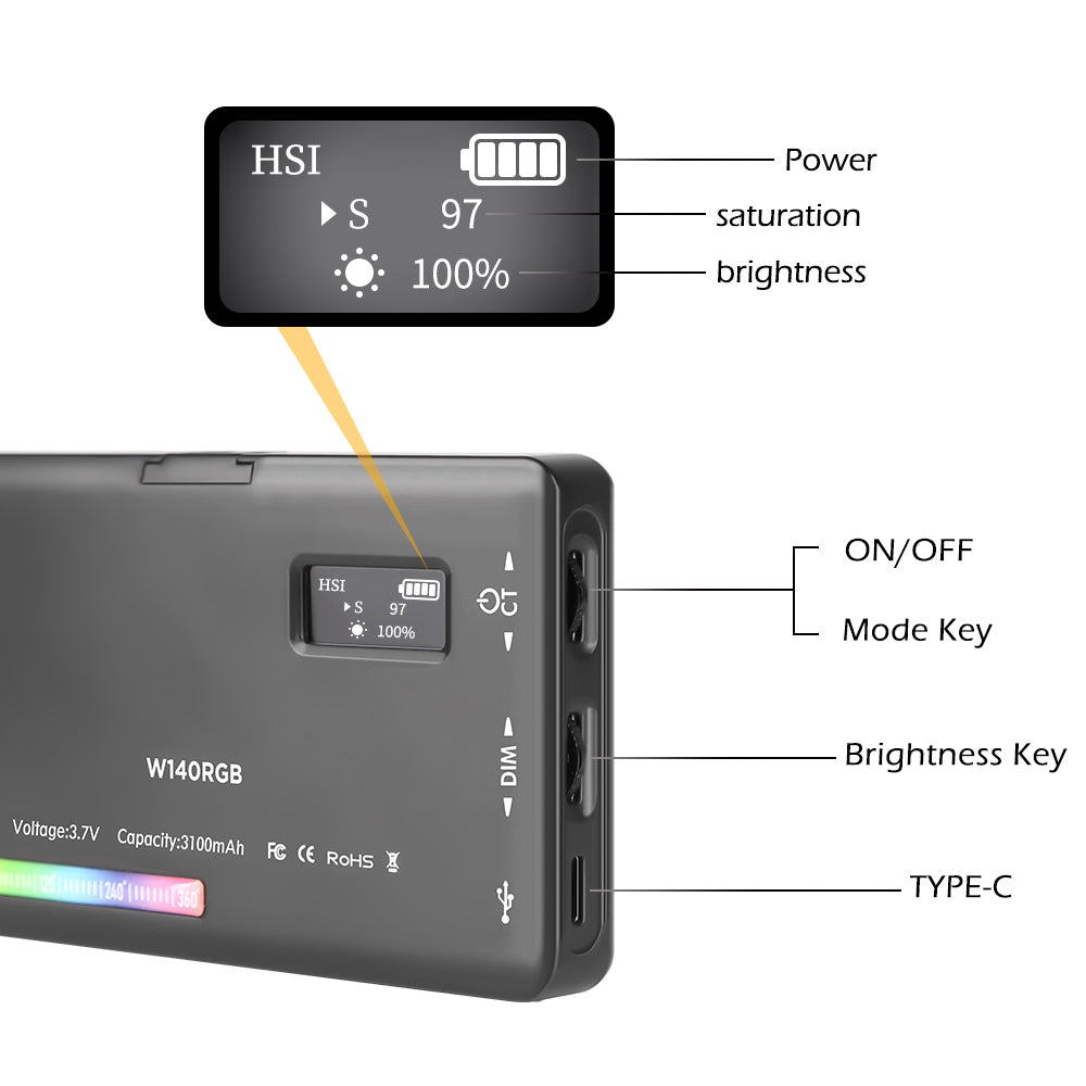 LED-videolampa, 3100mAh batteri, dimbar belysning