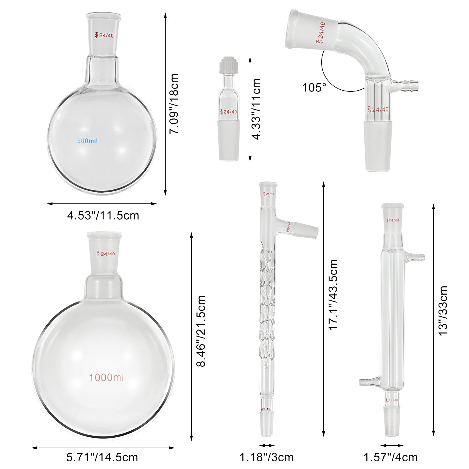 Laboratory Glassware Kit, 24/40 Joints, Borosilicate Glass