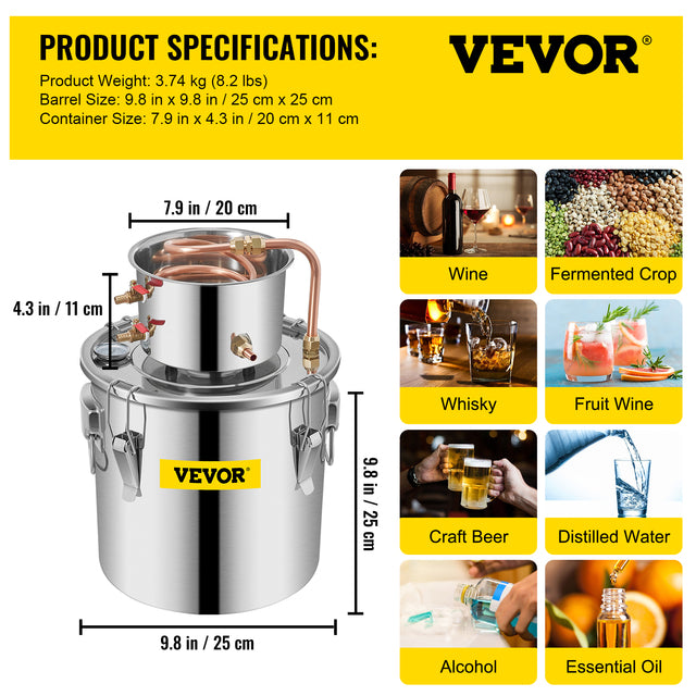 Distilator de alcool și apă, capacitate de 3 gal, tuburi din silicon de calitate alimentară.