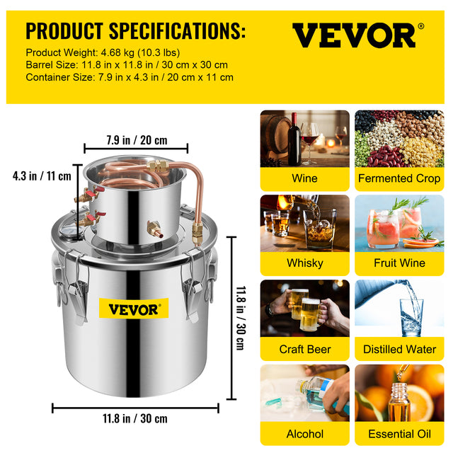 Alcohol Water Distilleer, 3 Gal Capaciteit, Voedselkwaliteit Siliconen Buizen