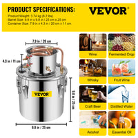 Distilator de alcool și apă, capacitate de 3 gal, tuburi din silicon de calitate alimentară.