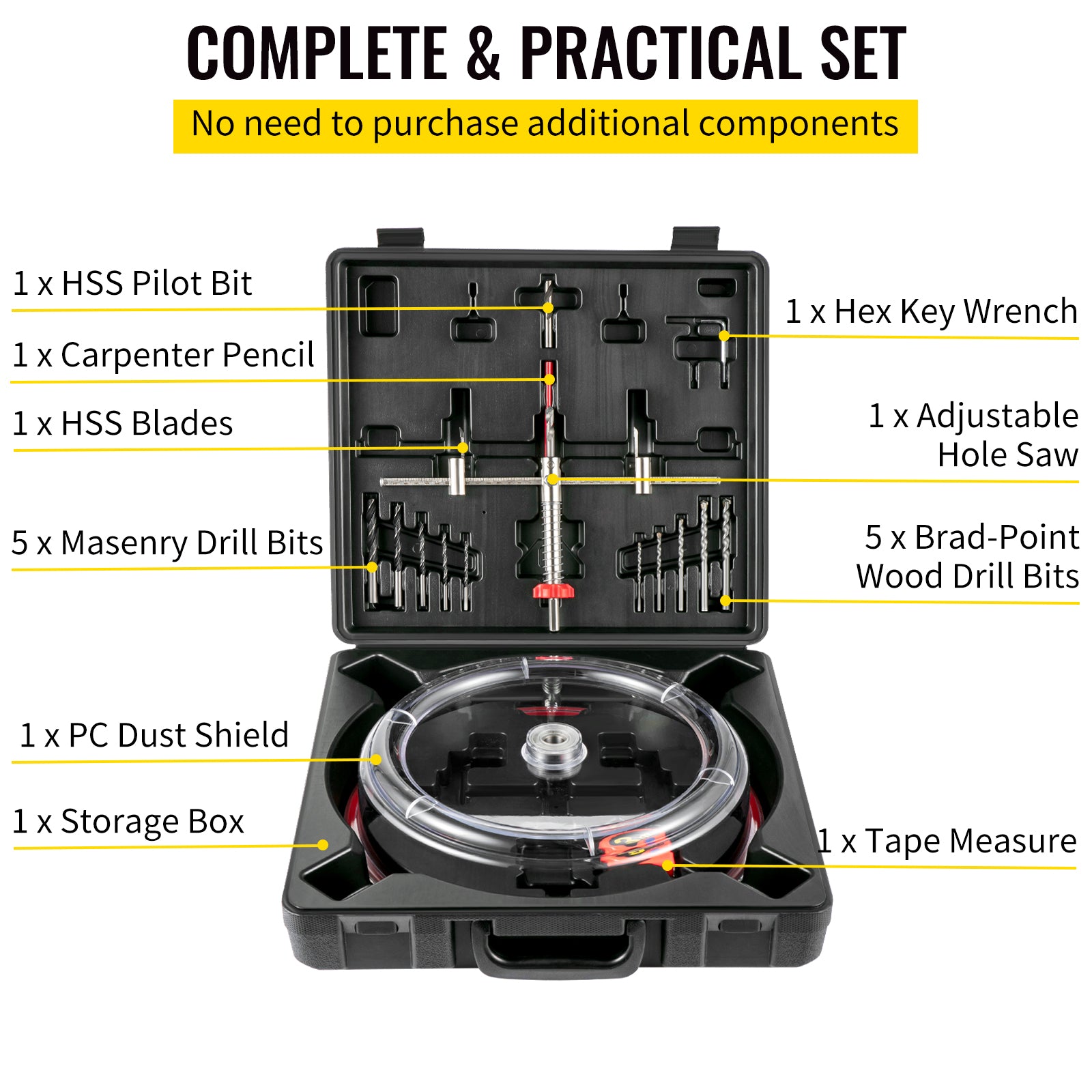 Adjustable Hole Saw Cutter Kit, Cut Holes 1-5/8 to 8, PC Dust Shield