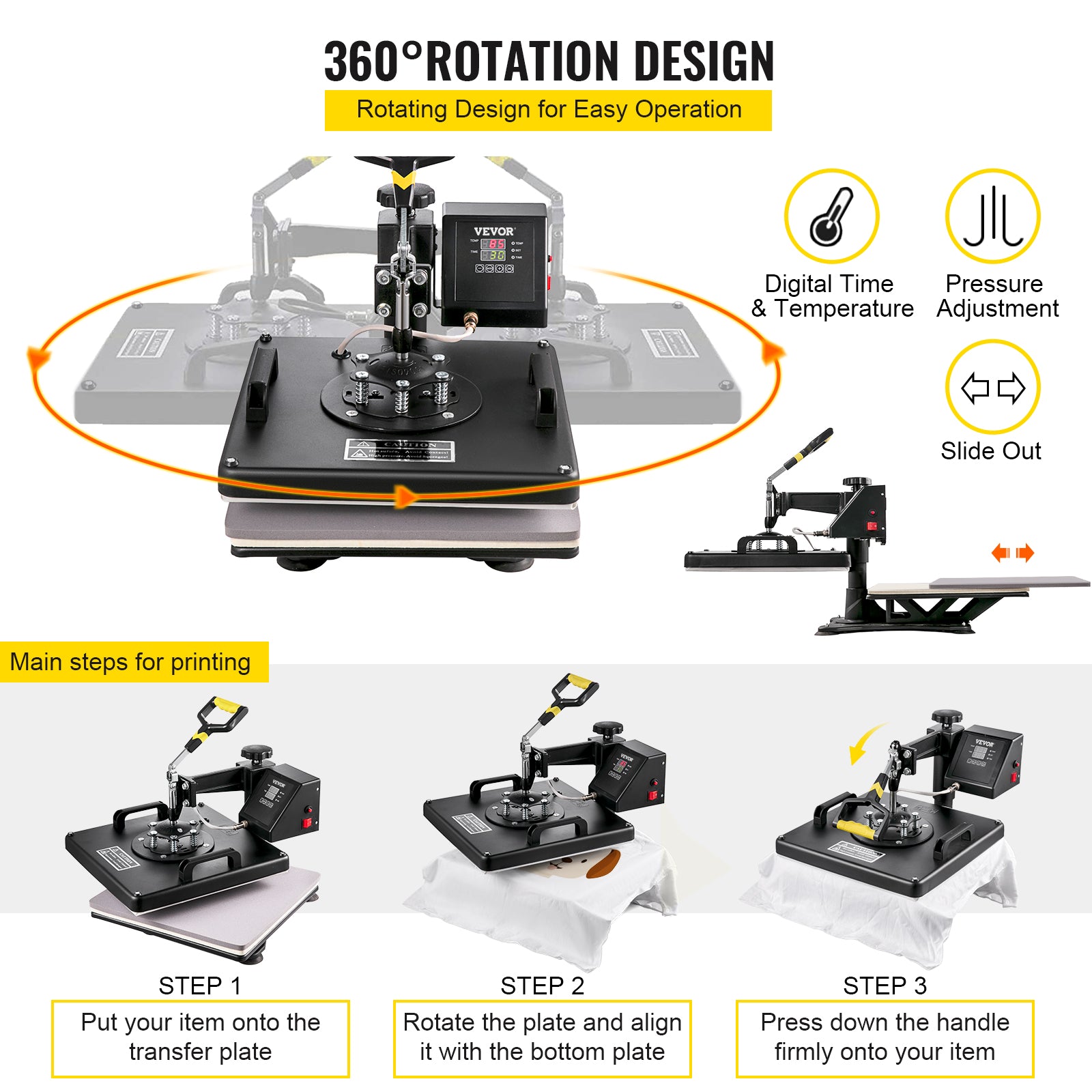 Hitzepressemaschine, 360° Schwenkarm, präzise Temperaturkontrolle