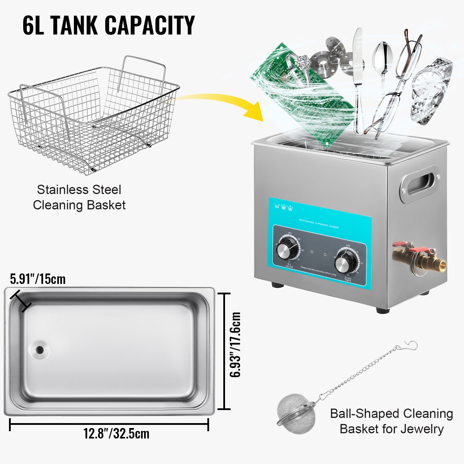 6L elektrischer Ultraschallreiniger mit Heizung – 40-kHz-Frequenz, 304-Edelstahltank und 201-Edelstahldeckel