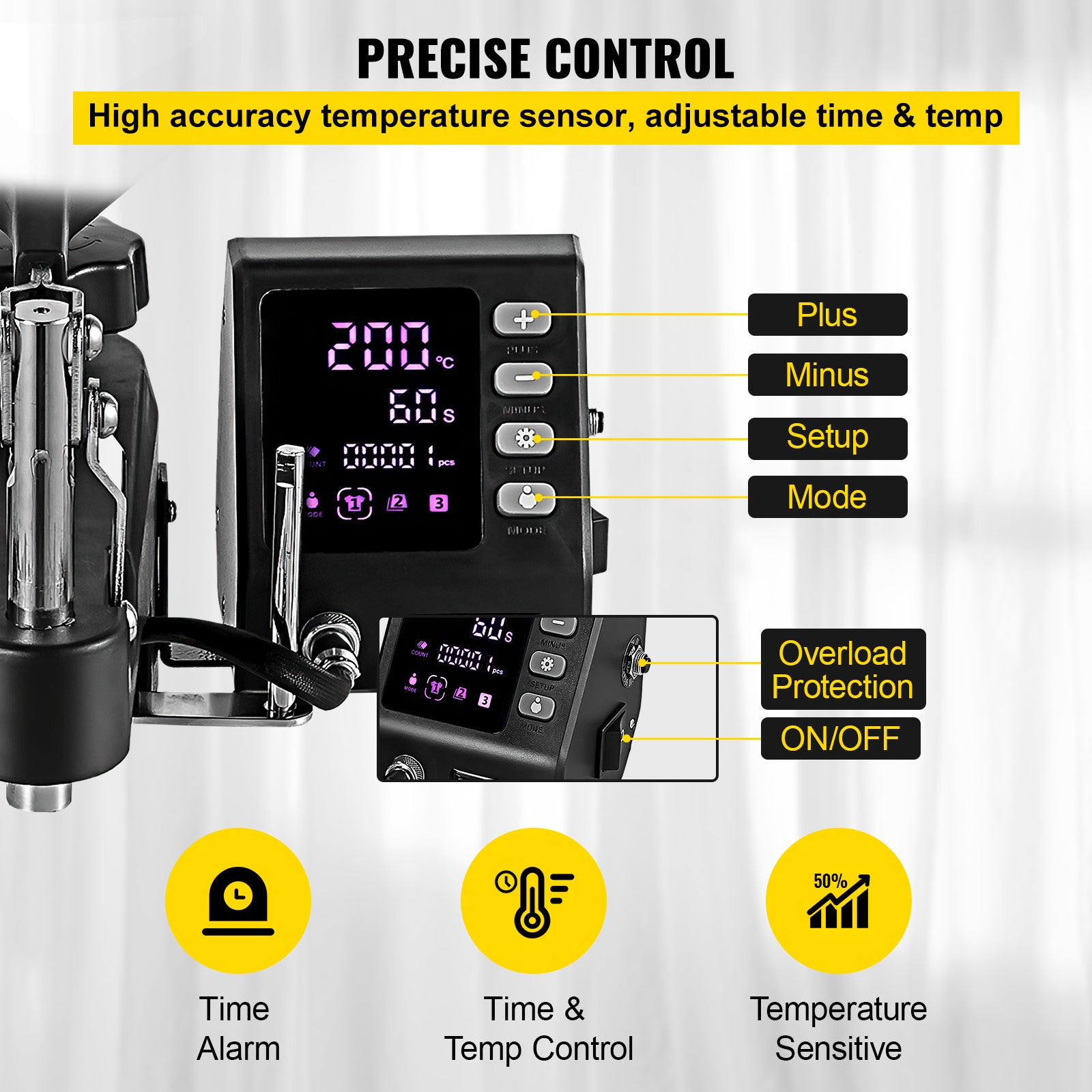 Mașină de presat căldură, design cu pivotare de 360°, afișaj digital LCD