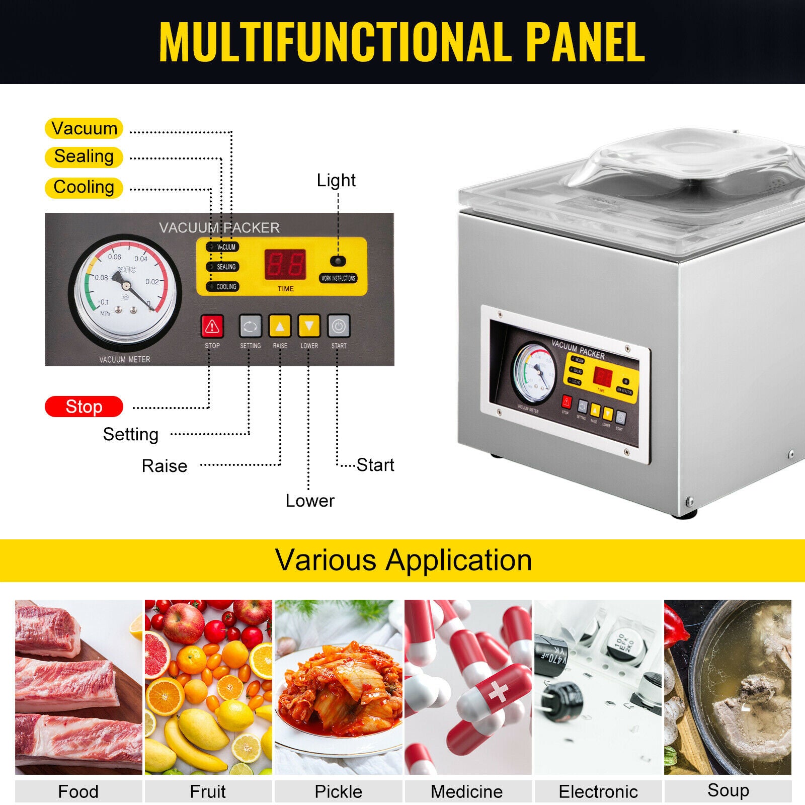 Lebensmittel-Vakuumverpackungsmaschine – 120-W-Vakuumpumpe, multifunktionales Bedienfeld, Klarglasdeckel und Not-Aus-Taste