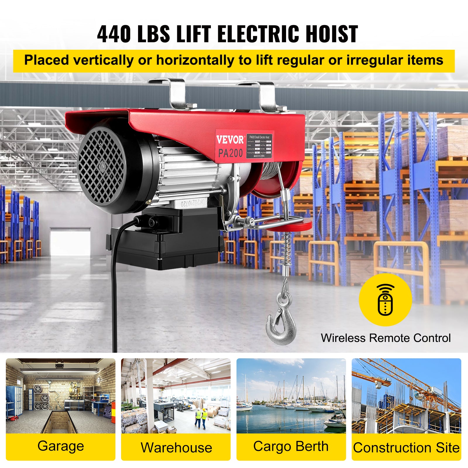Electric Hoist Crane, Wireless Remote, 440 lbs Capacity