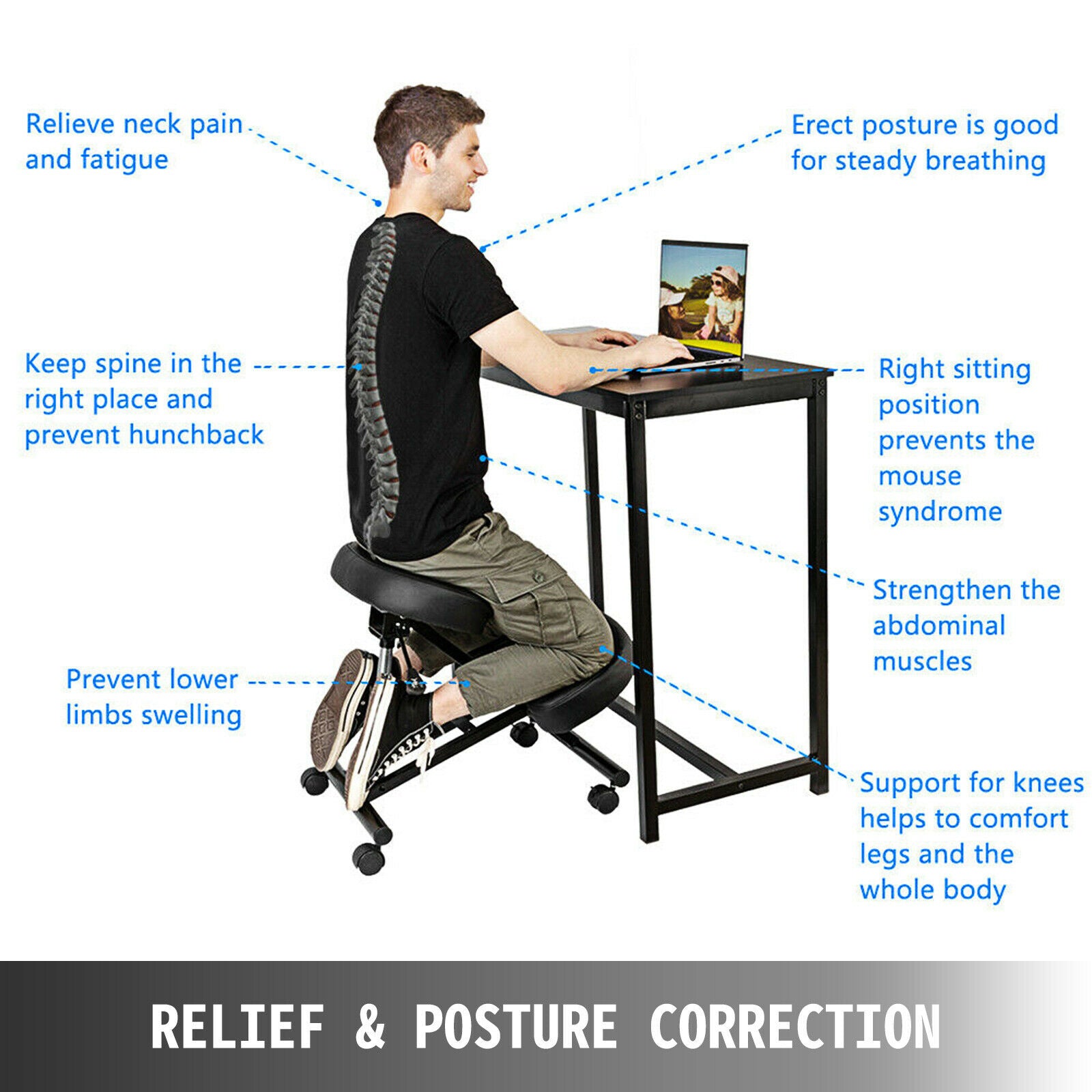 Ergonomische kniestoel, verstelbare hoogte, schuimkussens