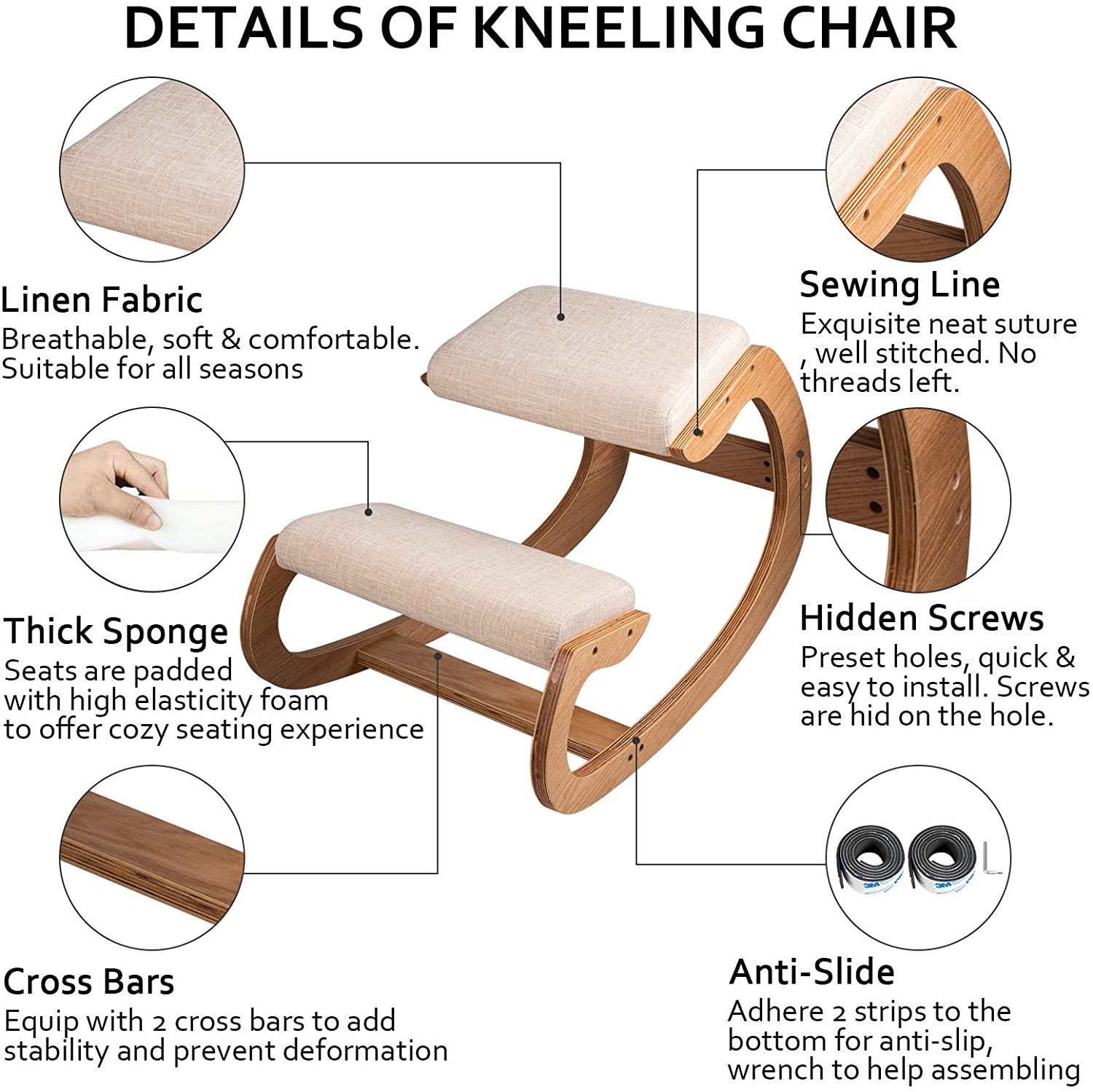 Ergonomisk knästol, 220lbs belastningskapacitet, tjock kudde, stabilitet