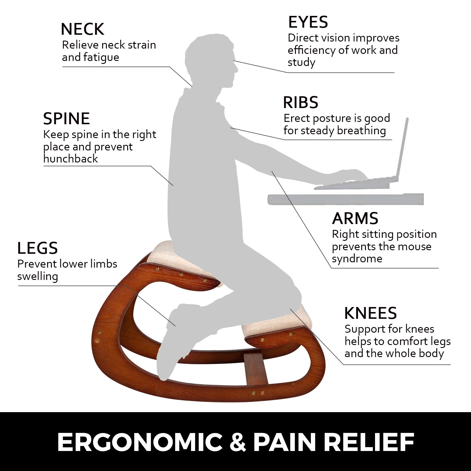 Ergonomische Knielstoel - Natuurlijk Berkenhout, 100 kg Draagvermogen, Correcte Houding & Verminder Vermoeidheid