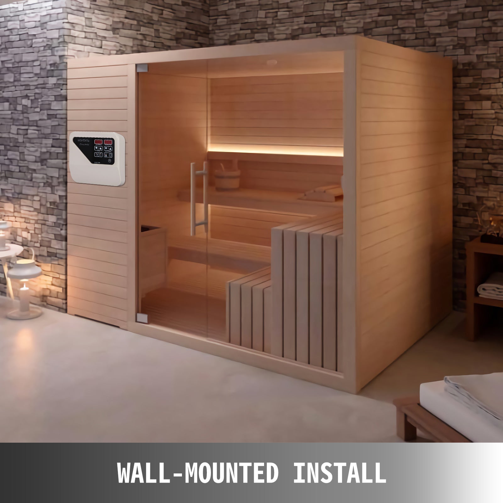 Controler digital pentru saună, setări pentru timp și temperatură, montat pe perete.