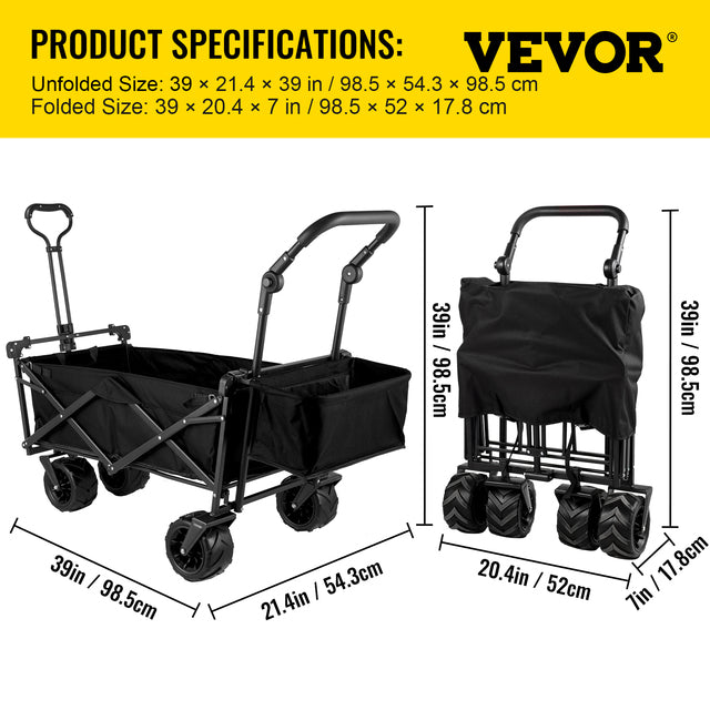 Folding Wagon Cart, Adjustable Handle, All-Terrain Wheels