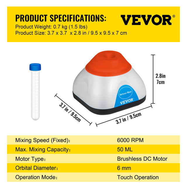 Lab Mini Vortex Mixer, 3000/6000 U/min, 6mm Orbitdurchmesser, Einhändige Touch-Bedienung