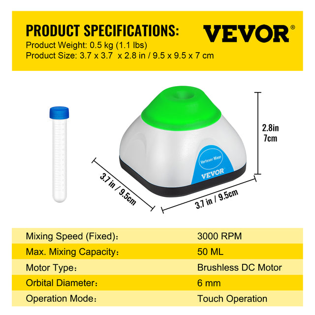 Lab Mini Vortex Mixer, 3000/6000 TPM, 6 mm Orbitale Diameter, Eénhandige Touch Bediening