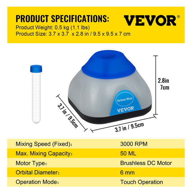 Lab Mini Vortex Mixer, 3000/6000 omdr./min., 6 mm Orbital Diameter, Enkelt Håndbetjent Touch Betjening