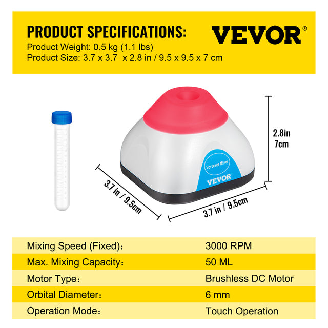 Lab Mini Vortex-sekoitin, 3000/6000 RPM, 6 mm orbitaalinen halkaisija, yhden käden kosketustoiminto