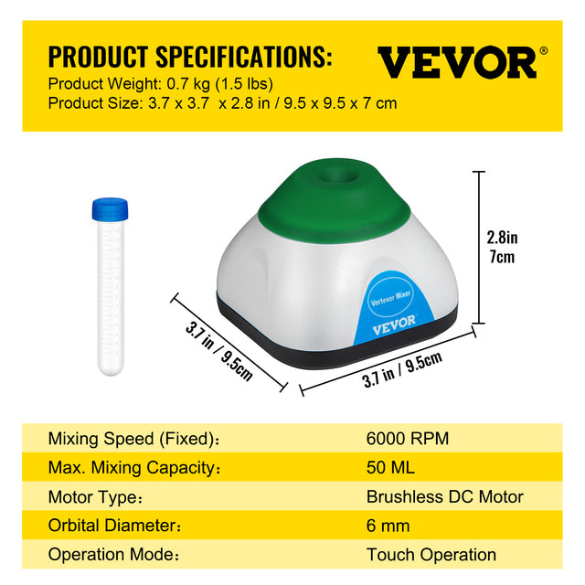 Lab Mini Vortex Mixer, 3000/6000 varv per minut, 6mm orbital diameter, enhandstouch operation.