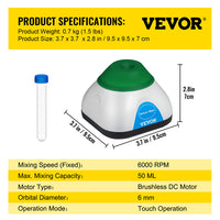 Lab Mini Vortex Mixer, 3000/6000 TPM, 6 mm Orbitale Diameter, Eénhandige Touch Bediening