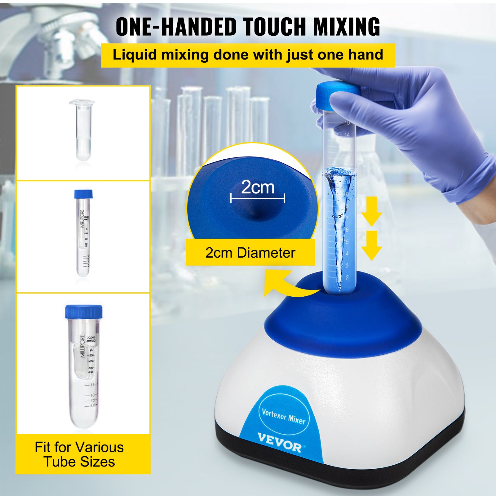 Lab Mini Vortex Mixer, 3000/6000 RPM, 6mm Orbital Diameter, One-Handed Touch Operation