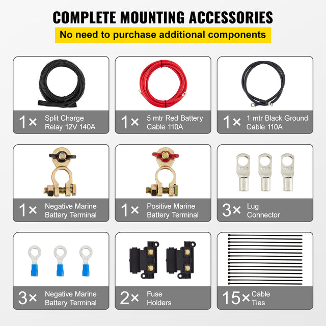 Split Charge Relais Kit, Spanningsgevoelig Relais, 12V